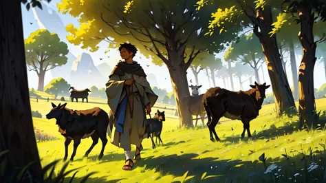 In a cinematic picture shot, Abel is portrayed amidst a backdrop of pastoral beauty, surrounded by lush green fields and gentle ...