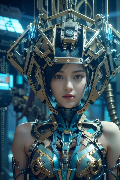 cyborgized Japanese woman, extremely ultra cute face, , skinny body, flat chest,  (blue metallic mechanical frame:1.5), (Power c...