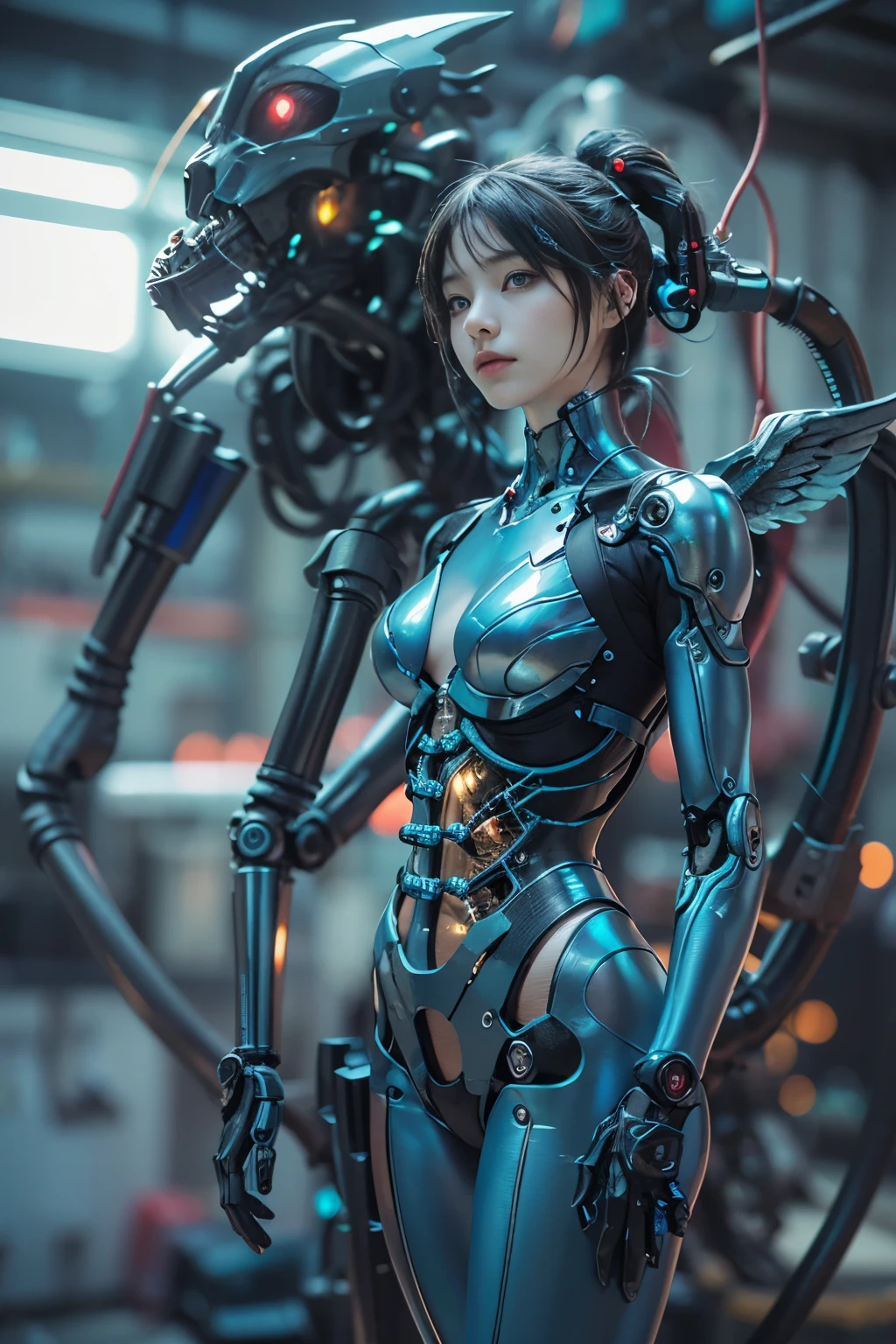 A woman in a futuristic suit standing next to a giant robot - SeaArt AI