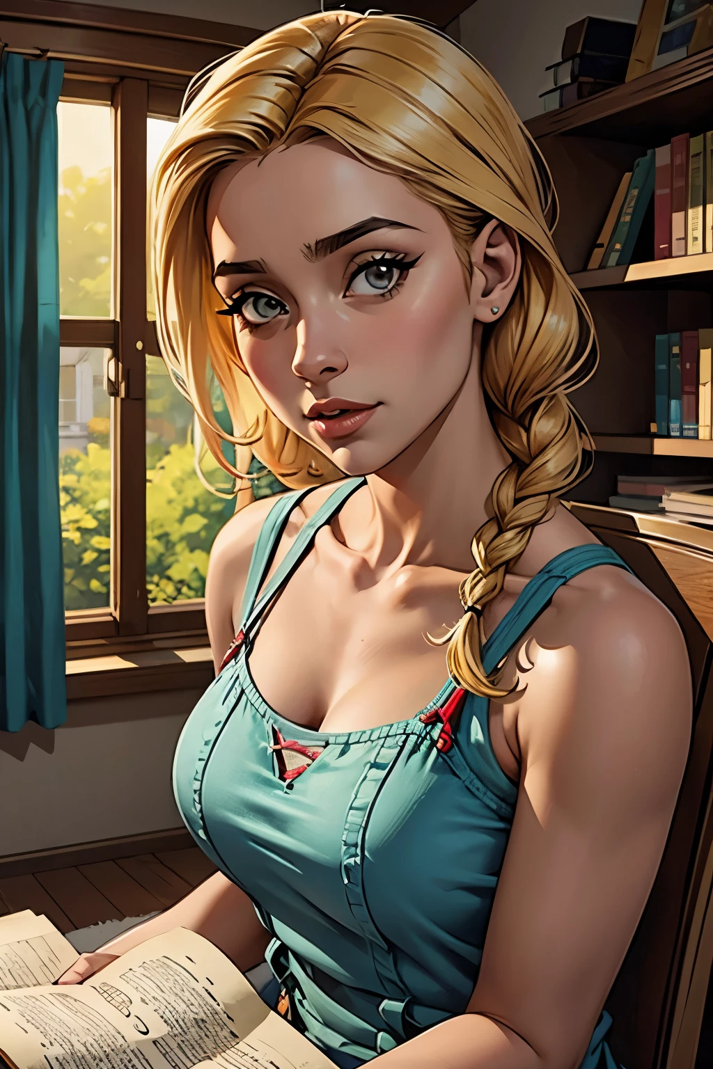 standing alone, 1 girl, work of art, best qualityer, extremely detaild, cinematic lighting, intricate-detail, high resolution, offcial art, beautiful face and finely detailed eyes, high resolution illustration, 8k, dark intense shadows, overexposure, [hair blonde/chestnut hair], single braid, blue colored eyes, cups, presumptuous, sitting down on chair, trunk, breasts big, white shirts, yellow suspenders, Boken_battery, bookcase, ((vine)), Pink, looking at the viewer NSFW uncensored 
