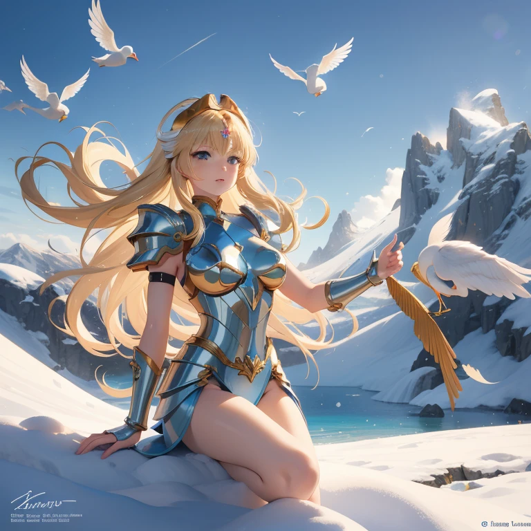 une femme, 25 ans, manga, cheveux longs, cheveux blond, armure, armure du cygne, saint seiya, hyoga, cygnus, casque, chevalier du zodiaque, dans un paysage glacial, neige, glacier, metal swan wings, jupe en plumes de cygnes