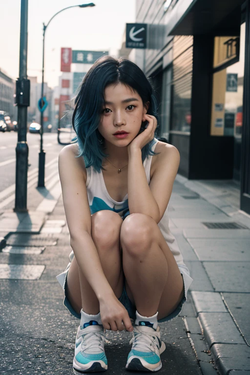 Blue hair Best anamorphic lens photography 50mm lens Close-up of a woman with freckles。In the background, the morning sun shines on her hair.、background is blurry。Hip-hop fashion。fashionable。NIKE sneakers