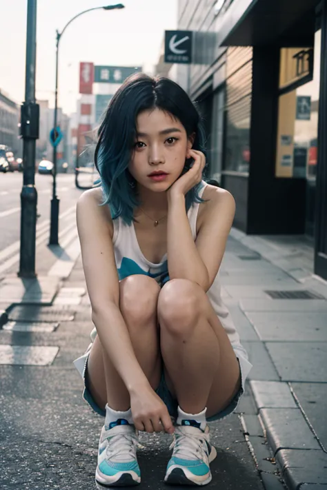 Blue hair Best anamorphic lens photography 50mm lens Close-up of a woman with freckles。In the background, the morning sun shines...