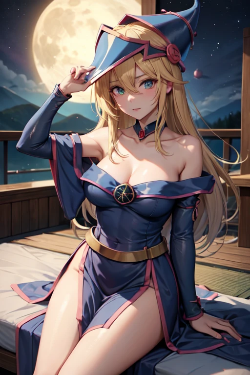 master piece,best quality,ultra detailed,8k,
ambient light,realistic skin,glossy skin,
（dark magician girl, duel monster, blush stickers, blonde hair, green eyes, long hair, breasts, blush, bangs, large breasts, hair between eyes, pentacle, pentagram, hat, dress, cleavage, bare shoulders, collarbone, choker, blue headwear, wizard hat, bracer, detached sleeves;）、
futon、（lie face down：1.3）、（Body soaking：1.3）、Chinese dress style、glossy lips、Slightly emphasize the lower lip、blush、emphasizing the cleavage、
fantastic night sky、full moon、aurora、horizon、open-air bath、Japanese inn