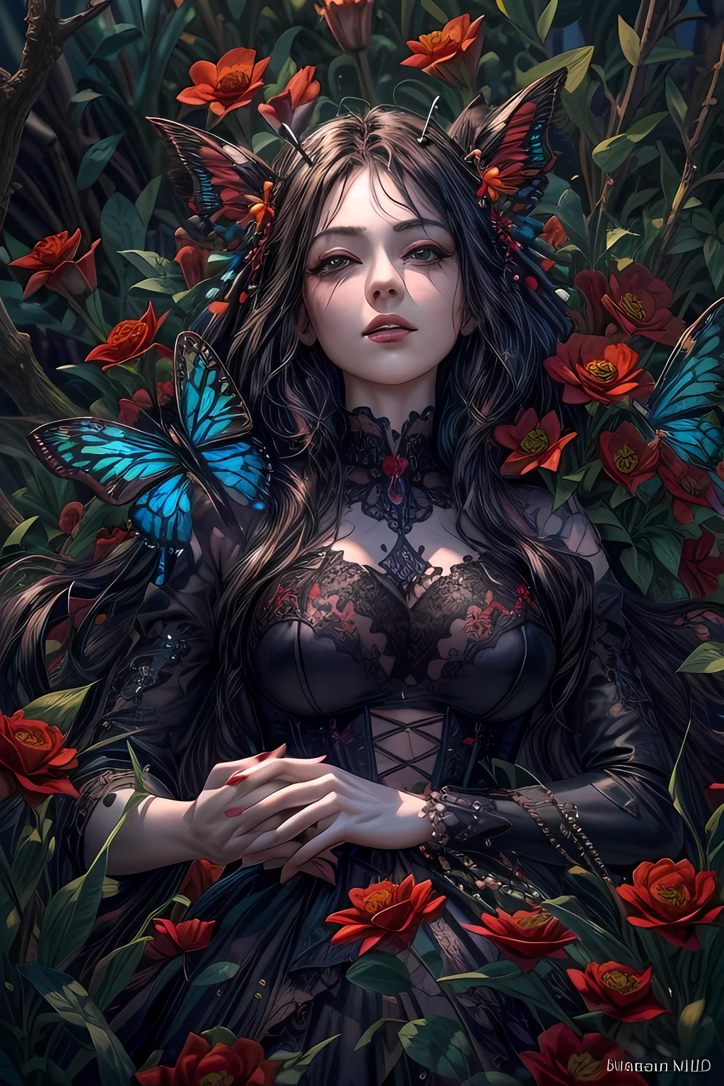 high details, best quality, 16k, RAW, [best detailed], masterpiece, best quality, (extremely detailed), full body, ultra wide shot, photorealistic, dark fantasy art, goth art, RPG art, D&D art, a picture of a dark female fairy resting in a flower meadow, extremely beautiful fairy, ultra feminine (intense details, Masterpiece, best quality), best detailed face (intense details, Masterpiece, best quality), having wide butterfly wings, spread butterfly wings (intense details, Masterpiece, best quality), dark colors wings (intense details, Masterpiece, best quality), black hair, long hair, shinning hair, flowing hair, shy smile, innocent smile, blue eyes, dark red lips, wearing [red] dress latex corset (intense details, Masterpiece, best quality), dynamic elegant shirt, chocker, wearing high heels, in dark colored flower meadow (intense details, Masterpiece, best quality), (red flowers: 1.2) , (black flowers: 1.2), (white flowers: 1.2), (blue flowers: 1.3) [extreme many flowers] (intense details, Masterpiece, best quality), dark colorful flowers (intense details, Masterpiece, best quality), flower meadow in a dark goth field background, dim light, cinematic light, High Detail, Ultra High Quality, High Resolution, 16K Resolution, Ultra HD Pictures, 3D rendering Ultra Realistic, Clear Details, Realistic Detail, Ultra High Definition, DonMF41ryW1ng5XL