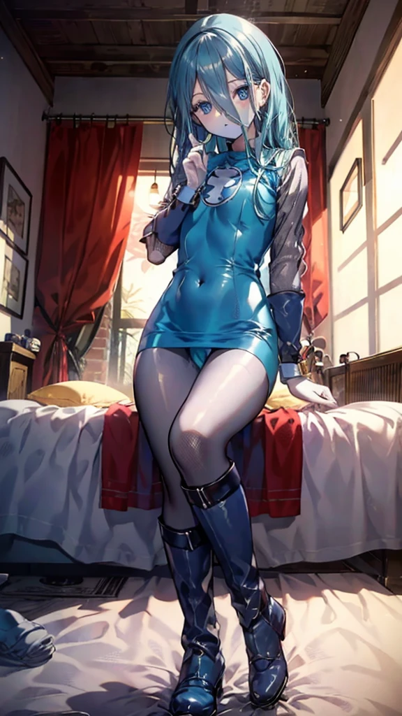 highest quality,sleep on your back in bed，Crab crotch，show me your boots，thigh high boots，leotardチラ見せ，glove，elegant, 1 girl, leotard，body suit，cute, blushed, looking at the viewer, from below, prison，blue eyes, beautiful eyes, beautiful background, particles of light, Light of the sun, dramatic lighting, outside, shiny, realistic, table top, highest quality, Super detailed, get used to it, scenery, beautiful and detailed eyes, thin hair，