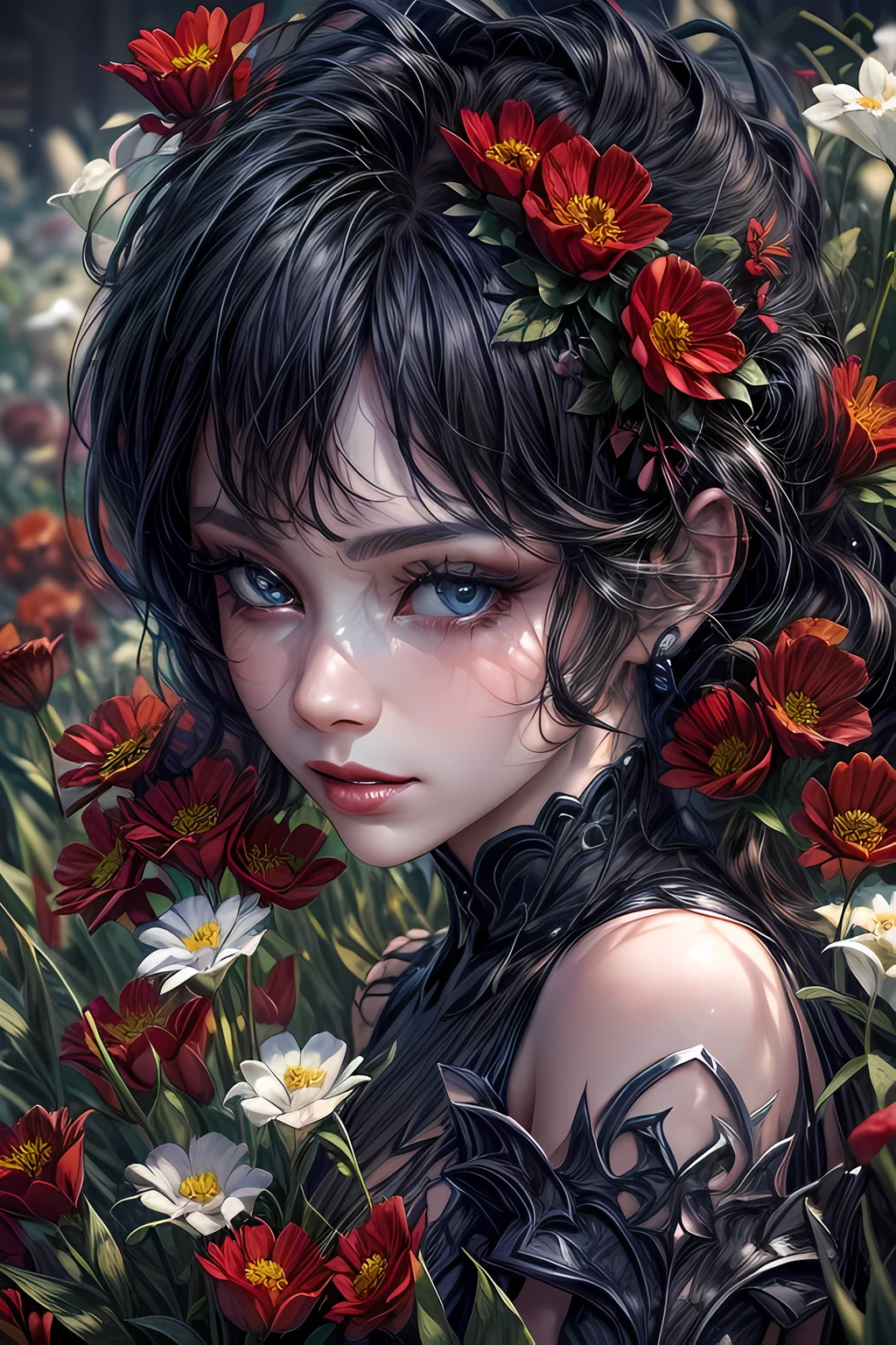 high details, best quality, 16k, RAW, [best detailed], masterpiece, best quality, (extremely detailed), full body, ultra wide shot, photorealistic, dark fantasy art, goth art, RPG art, D&D art, a picture of a dark female fairy resting in a flower meadow, extremely beautiful fairy, ultra feminine (intense details, Masterpiece, best quality), best detailed face (intense details, Masterpiece, best quality), having wide butterfly wings, spread butterfly wings (intense details, Masterpiece, best quality), dark colors wings (intense details, Masterpiece, best quality), black hair, long hair, shinning hair, flowing hair, shy smile, innocent smile, blue eyes, dark red lips, wearing [red] dress latex corset (intense details, Masterpiece, best quality), dynamic elegant shirt, chocker, wearing high heels, in dark colored flower meadow (intense details, Masterpiece, best quality), (red flowers: 1.2) , (black flowers: 1.2), (white flowers: 1.2), (blue flowers: 1.3) [extreme many flowers] (intense details, Masterpiece, best quality), dark colorful flowers (intense details, Masterpiece, best quality), flower meadow in a dark goth field background, dim light, cinematic light, High Detail, Ultra High Quality, High Resolution, 16K Resolution, Ultra HD Pictures, 3D rendering Ultra Realistic, Clear Details, Realistic Detail, Ultra High Definition, DonMF41ryW1ng5XL