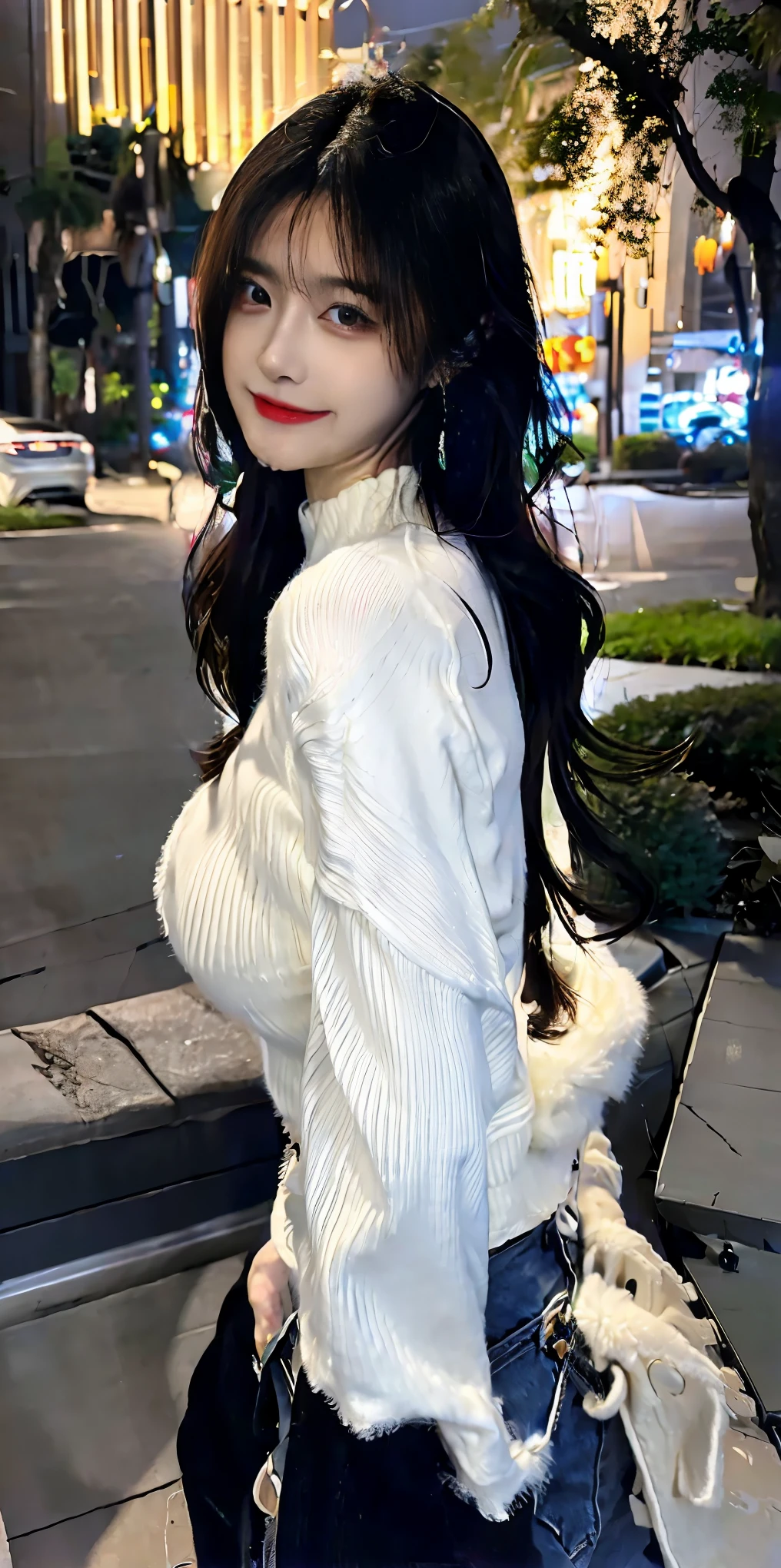 2 women, long black wavy hair、bangss、tight white turtleneck sweater, Puffy nipple、Tight jeans pants, jaket、Medium milk, cute smile face、(Butt sticking out pose)、(turned around)、sexy hips、Red high heels、Parks with lakes、sexy  pose、Sexy lace panties、Big necklace、earrings、Photos showing the whole body