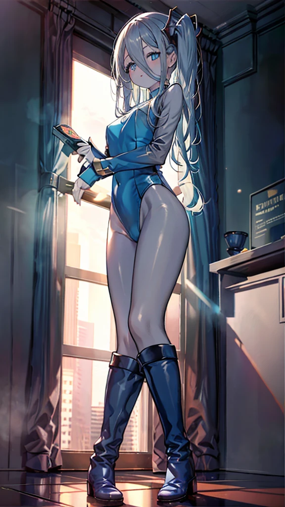highest quality,sleep on your back in bed，Crab crotch，show me your boots，thigh high boots，leotardチラ見せ，glove，elegant, 1 girl, leotard，body suit，cute, blushed, looking at the viewer, from below, prison，blue eyes, beautiful eyes, beautiful background, particles of light, Light of the sun, dramatic lighting, outside, shiny, realistic, table top, highest quality, Super detailed, get used to it, scenery, beautiful and detailed eyes, thin hair，