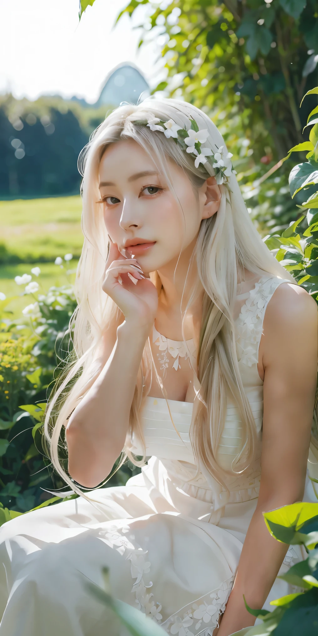 (шедевр, Лучшее качество),1 девушка с длинными белыми волосами сидит в поле зеленых растений и цветов, ее рука под подбородком, теплое освещение, белое платье, размытый передний план