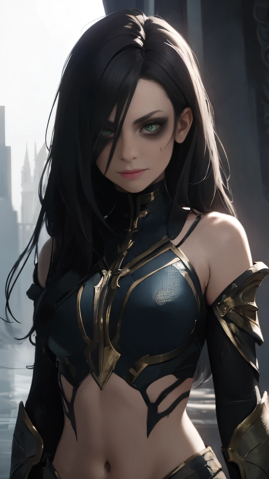 (Highly quality, masterpiece, detailed), undead city detailed scenario, undead city detailed background, 1girl, black hair, long hair, armor, bare shoulders, green eyes, crop top, silme, navel, perfect face, beautiful eyes, look at the viewer, Sexy pose