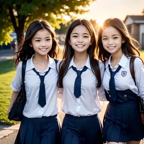 Three girls are leaving school at dusk. Their uniforms are crisp and neat, carrying school bags slung over their shoulders. The ...