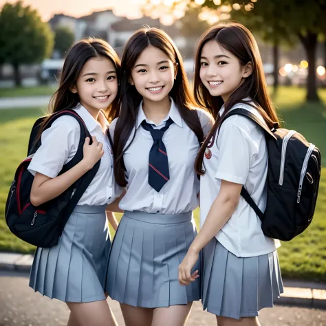 three girls are leaving school at dusk. their uniforms are crisp and neat, carrying school bags slung over their shoulders. the ...