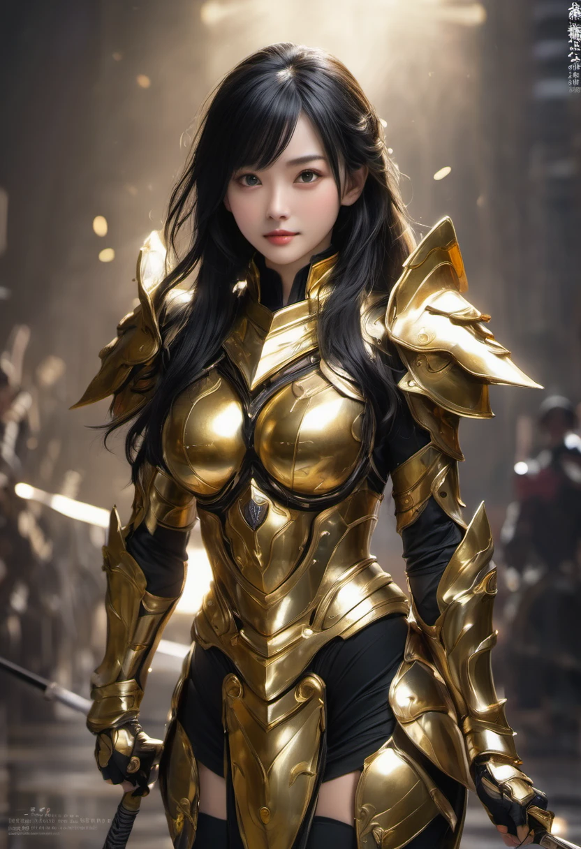 ((highest quality)), ((masterpiece)), (get used to it), perfect face, shoulder length black hair、2 female。Clad in dazzling golden armor、smile gently。Raise your right leg straight up、She is doing a Y-balance pose with her right hand supporting her.、preparation for battle、A large aura emanates from the entire body