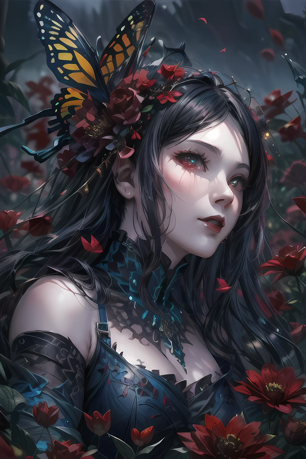 high details, best quality, 16k, RAW, [best detailed], masterpiece, best quality, (extremely detailed), full body, ultra wide shot, photorealistic, dark fantasy art, goth art, RPG art, D&D art, a picture of a dark female fairy resting in a flower meadow, extremely beautiful fairy, ultra feminine (intense details, Masterpiece, best quality), best detailed face (intense details, Masterpiece, best quality), having wide butterfly wings, spread butterfly wings (intense details, Masterpiece, best quality), dark colors wings (intense details, Masterpiece, best quality), (blue) hair, long hair, shinning hair, flowing hair, shy smile, innocent smile, (red: 1.3) eyes, dark red lips, wearing [red] dress latex corset (intense details, Masterpiece, best quality), dynamic elegant shirt, chocker, wearing high heels, in dark colored flower meadow (intense details, Masterpiece, best quality), (red flowers: 1.2) , (black flowers: 1.2), (white flowers: 1.2), (blue flowers: 1.3) [extreme many flowers] (intense details, Masterpiece, best quality), dark colorful flowers (intense details, Masterpiece, best quality), flower meadow in a dark goth field background, dim light, cinematic light, High Detail, Ultra High Quality, High Resolution, 16K Resolution, Ultra HD Pictures, 3D rendering Ultra Realistic, Clear Details, Realistic Detail, Ultra High Definition, DonMF41ryW1ng5XL