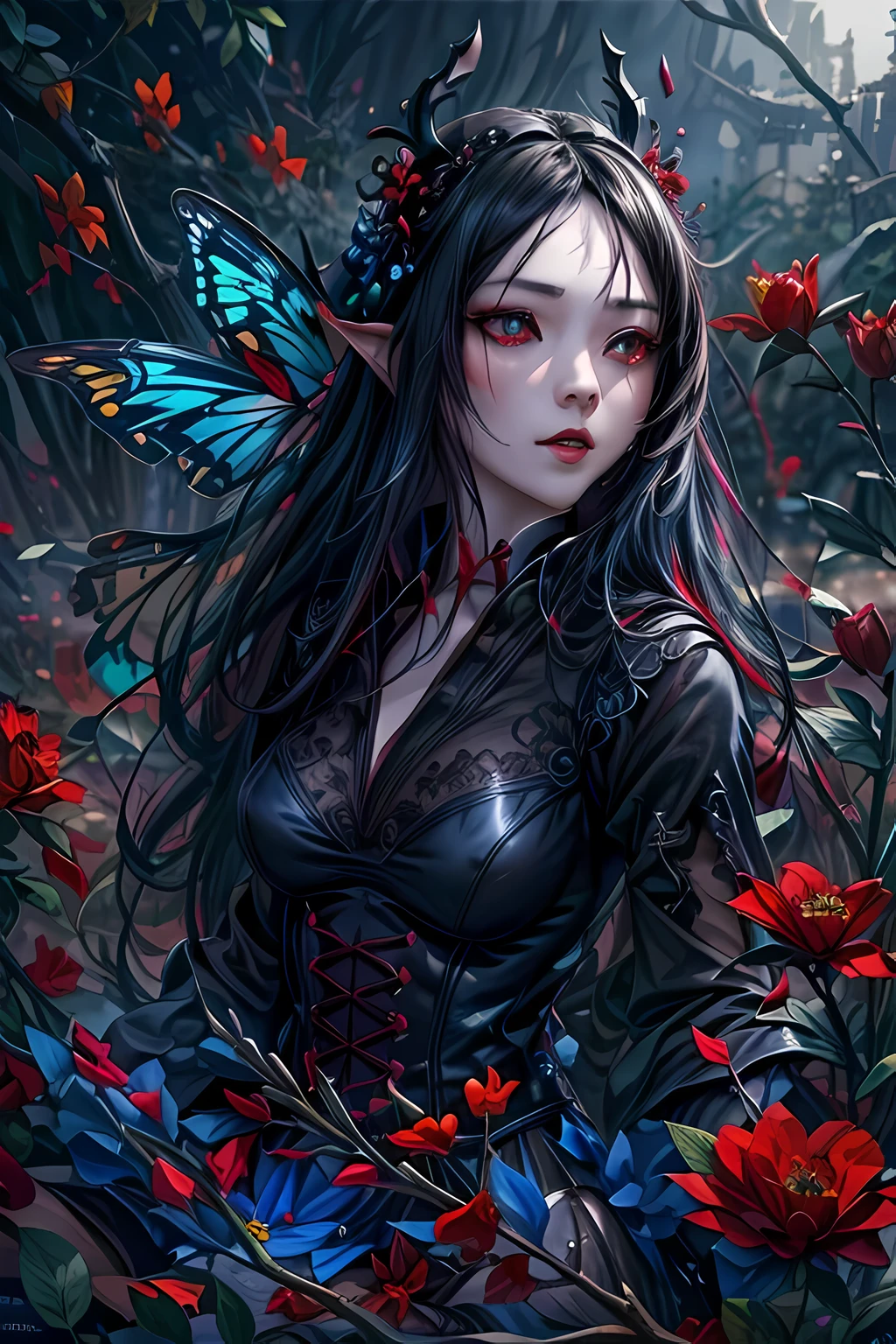 high details, best quality, 16k, RAW, [best detailed], masterpiece, best quality, (extremely detailed), full body, ultra wide shot, photorealistic, dark fantasy art, goth art, RPG art, D&D art, a picture of a dark female fairy resting in a flower meadow, extremely beautiful fairy, ultra feminine (intense details, Masterpiece, best quality), best detailed face (intense details, Masterpiece, best quality), having wide butterfly wings, spread butterfly wings (intense details, Masterpiece, best quality), dark colors wings (intense details, Masterpiece, best quality), (blue) hair, long hair, shinning hair, flowing hair, shy smile, innocent smile, (red: 1.3) eyes, dark red lips, wearing [red] dress latex corset (intense details, Masterpiece, best quality), dynamic elegant shirt, chocker, wearing high heels, in dark colored flower meadow (intense details, Masterpiece, best quality), (red flowers: 1.2) , (black flowers: 1.2), (white flowers: 1.2), (blue flowers: 1.3) [extreme many flowers] (intense details, Masterpiece, best quality), dark colorful flowers (intense details, Masterpiece, best quality), flower meadow in a dark goth field background, dim light, cinematic light, High Detail, Ultra High Quality, High Resolution, 16K Resolution, Ultra HD Pictures, 3D rendering Ultra Realistic, Clear Details, Realistic Detail, Ultra High Definition, DonMF41ryW1ng5XL