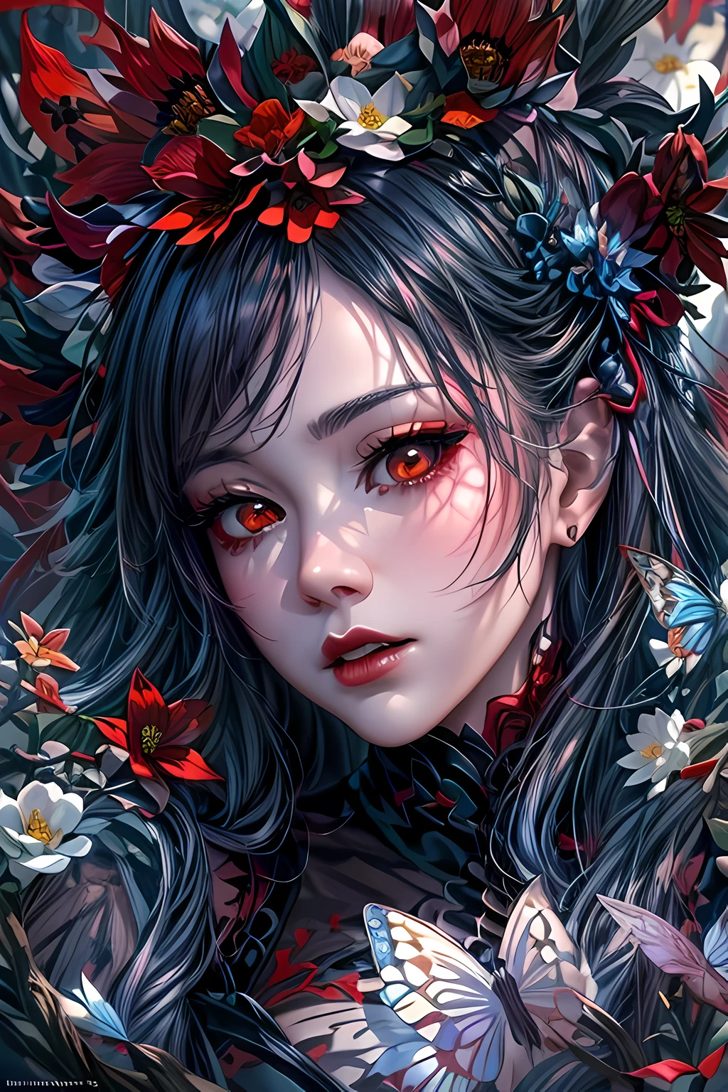 high details, best quality, 16k, RAW, [best detailed], masterpiece, best quality, (extremely detailed), full body, ultra wide shot, photorealistic, dark fantasy art, goth art, RPG art, D&D art, a picture of a dark female fairy resting in a flower meadow, extremely beautiful fairy, ultra feminine (intense details, Masterpiece, best quality), best detailed face (intense details, Masterpiece, best quality), having wide butterfly wings, spread butterfly wings (intense details, Masterpiece, best quality), dark colors wings (intense details, Masterpiece, best quality), (blue) hair, long hair, shinning hair, flowing hair, shy smile, innocent smile, (red: 1.3) eyes, dark red lips, wearing [red] dress latex corset (intense details, Masterpiece, best quality), dynamic elegant shirt, chocker, wearing high heels, in dark colored flower meadow (intense details, Masterpiece, best quality), (red flowers: 1.2) , (black flowers: 1.2), (white flowers: 1.2), (blue flowers: 1.3) [extreme many flowers] (intense details, Masterpiece, best quality), dark colorful flowers (intense details, Masterpiece, best quality), flower meadow in a dark goth field background, dim light, cinematic light, High Detail, Ultra High Quality, High Resolution, 16K Resolution, Ultra HD Pictures, 3D rendering Ultra Realistic, Clear Details, Realistic Detail, Ultra High Definition, DonMF41ryW1ng5XL