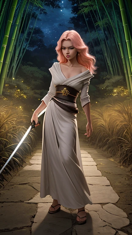 best qualityer, work of art, 1 , (18 years old:1.2) Pretty and beautiful long pink hair , yellow  eyes , moon light, Exquisite Body, dramatic lighting, A swordsman ninja samurai, she uses two swords, one in each hand, background is a bamboo forest at night and it remains night, long pink hair,yellow  eyes, she wears red and purple clothes, neckleace, short clothing, medium breasts, clothes stuck to the body, She poses like a hero looking straight ahead,dynamic angle,blue light effects on swords, sensuous,Provocative.stones and dry branches on the ground, garota bonita sensuous