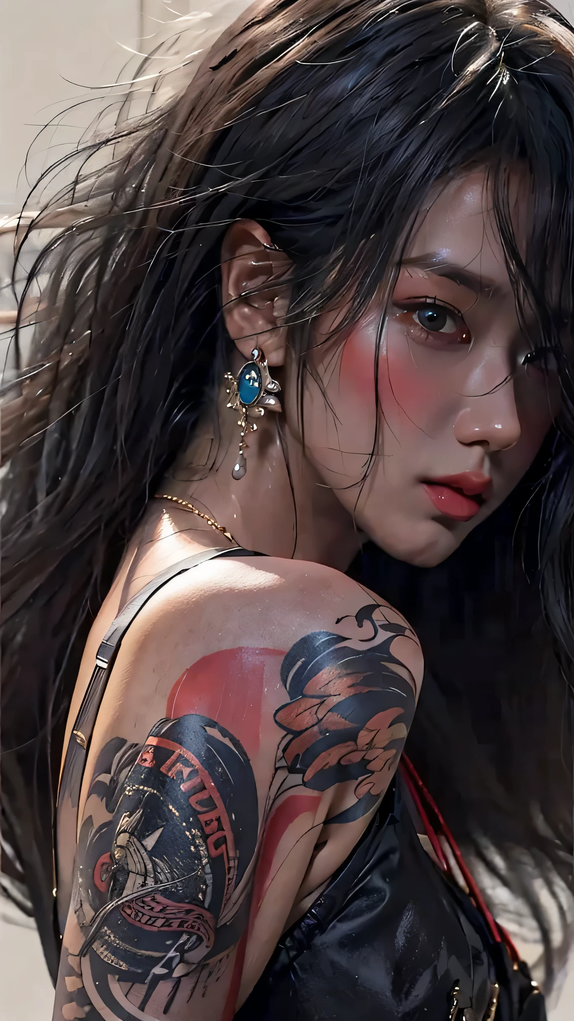 photorealistic, high resolution, soft light,1women, solo, hips up, (detailed face), jewelry, tattoo,black dress mafia clothing, black hair, super long hair, looking viewers, tatto, messy hair, close up, small breast, adult, seductive, boss, cool woman