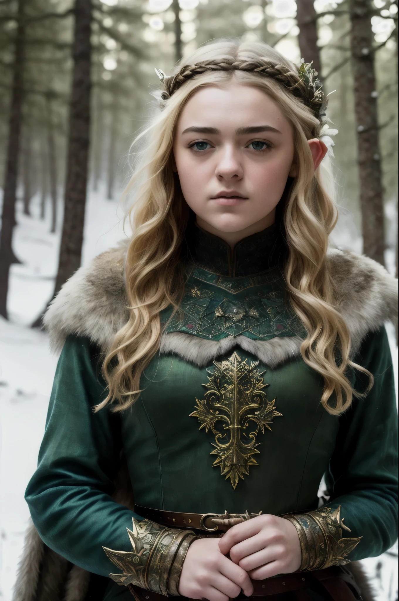 pintura de retrato de 1girl, Mix de rostos de personagens épicos de Maisie Williams e Elle Fanning, duende, cabelo loiro, olhos azuis, vestido verde, Foco na parte superior do corpo, Deusa nórdica, intricado, iluminação cinematográfica, cabelo penteado, fantasia movie, genre fantasia, cinematografia artística, premium quality fantasia movie color grading, tiro na parte superior do corpo, pele detalhada, fantasia, floresta nórdica nevada, estilo de sessão de modelo, (CG extremamente detalhado), foto de belas obras de arte, (Antonio Moro), (Jeremy Mann), Alto detalhe, foco nitído, Dramático, Pintura a óleo, realista  