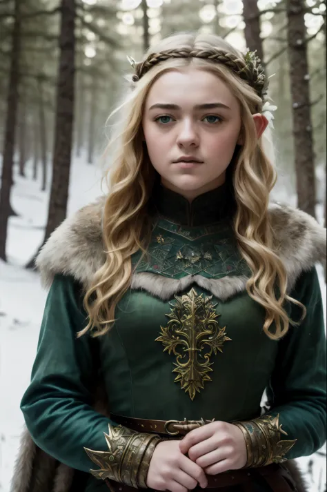 portrait painting of 1girl, Epic Character face mix of Maisie Williams and Elle Fanning, elf, blonde hair, blue eyes, green dres...
