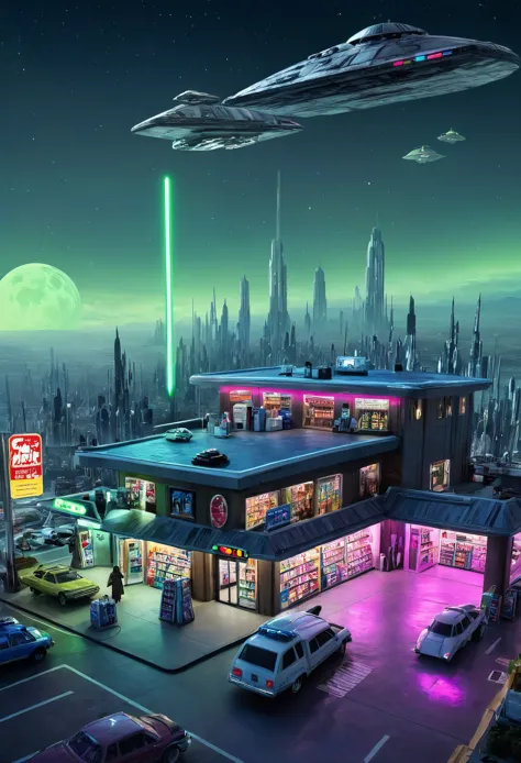 wide long shot:1.7, ((Star Wars style:1.5)), ((large flying midnight convenience store, floating in space, otherworldly, other p...