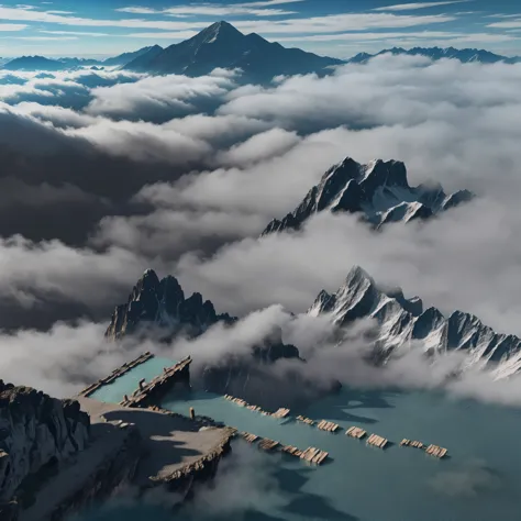 anime, landcape, mountain, 8k, river, grey, blue, clouds, fog, 