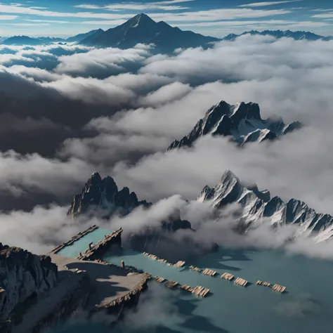 anime, landcape, mountain, 8k, river, grey, blue, clouds, fog,