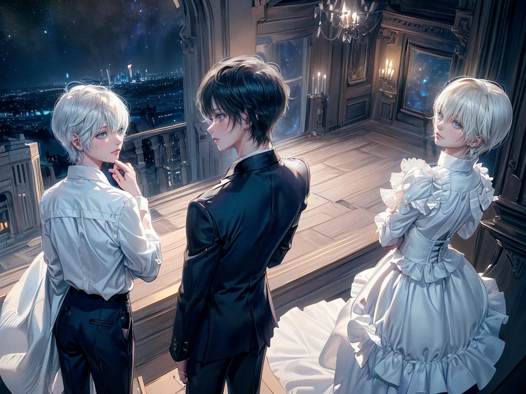 ((4K works))、​Masterpiece、(top quality)、a beautiful boy、slim、High、((Black Y-shirt+white pants、charming street style))、(Detailed beautiful eyes)、Stylish British Black Balcony、The castle where villains live、black shop window、balcony at night、((starry sky in background))、((dark sky))、((Stylish city views))、((Shoot from a stylish balcony))、midnight、((Face similar to Carly Rae Jepsen))、((short hair white hair))、((face smaller))、((neutral face))、((bright blue eyes))、((American adult male))、((Adult male 26 years old))、((cruel man))、((like a celebrity))、((wild look))、((Korean makeup))、((eyes long and sharp))、((Happy Dating))、((Childish))、((upper body photography))、Professional photos、((shot alone))、((shot from behind))、((You can see the back of your head when taking the photo))、((Shoot near him))、((focus magnification))、((he is watching the sunset))、((He stood on the stairs))