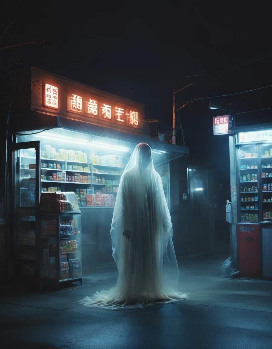 (best quality,highres:1.2),ultra-detailed,realistic:1.37,a transparent ghost in midnight convenience store,desolate,loneliness,darkness,barren land,eerie,mysterious,dreadful,ominous,haunting,dreary,uninhabited,(((dark sky)))，photo of a transparent ghost，Gothic Dark Art,midnight,It was pitch black all around,Mystery Convenience Store,Dark City,,desolate,Strange,mystery,Gothic,