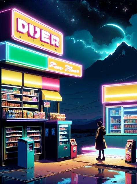 Midnight convenience store，Pitch black sky，Wasteland，，desolate，fear，Weird，mystery，dark