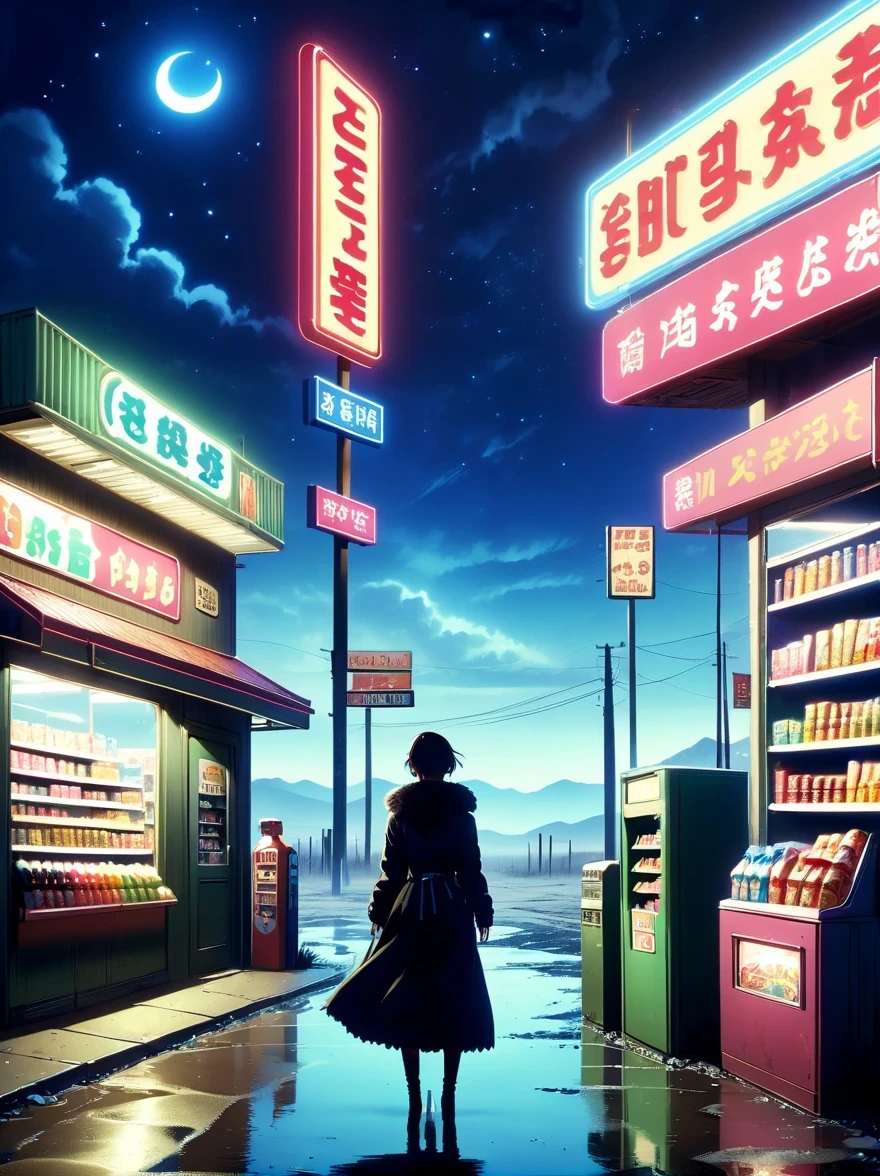 Midnight convenience store，Pitch black sky，Wasteland，，desolate，fear，Weird，mystery