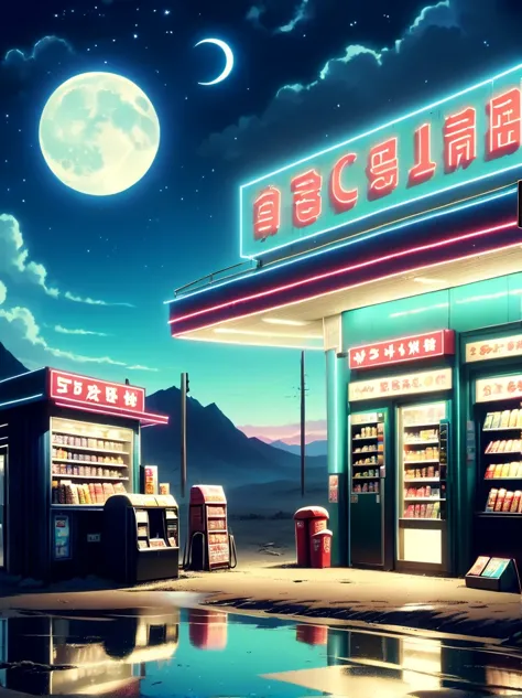 Midnight convenience store，Pitch black sky，Wasteland，，desolate，fear，Weird，mystery