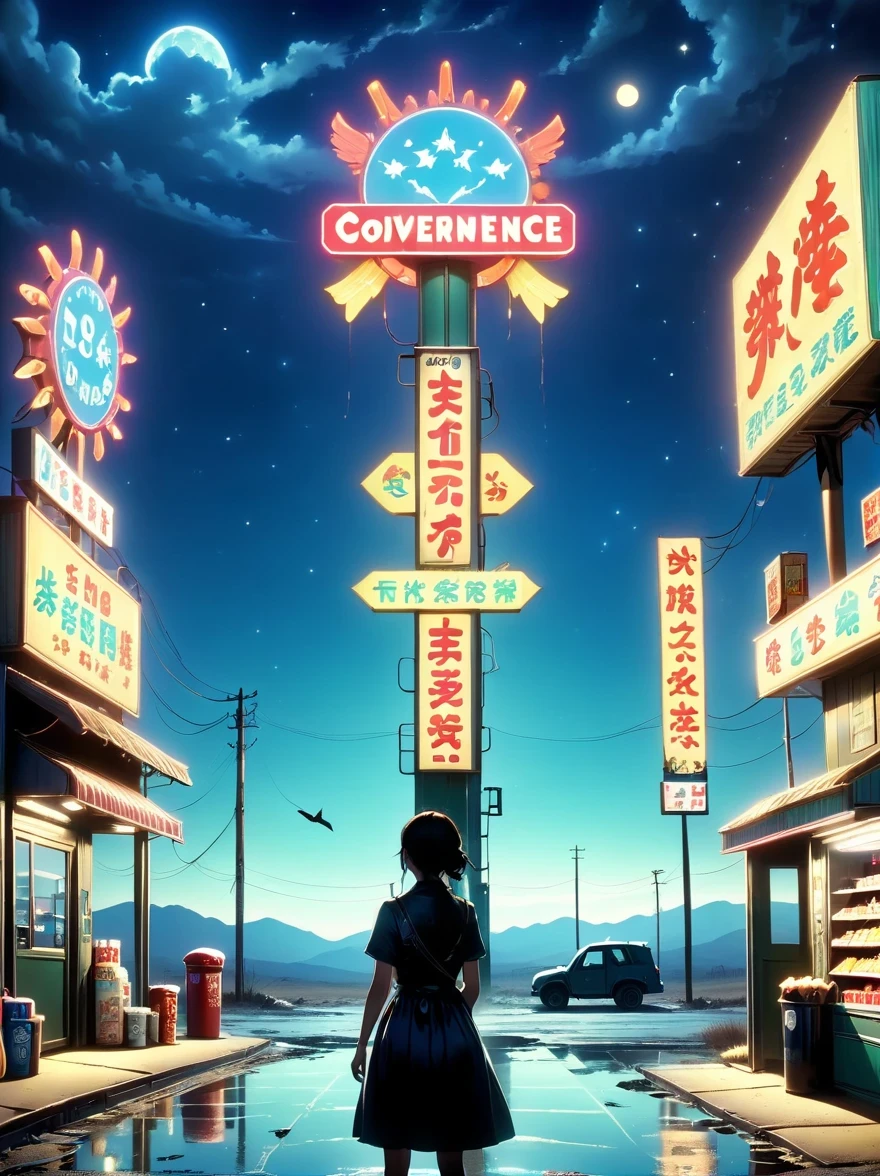 Midnight convenience store，Pitch black sky，Wasteland，，desolate，fear，Weird，mystery