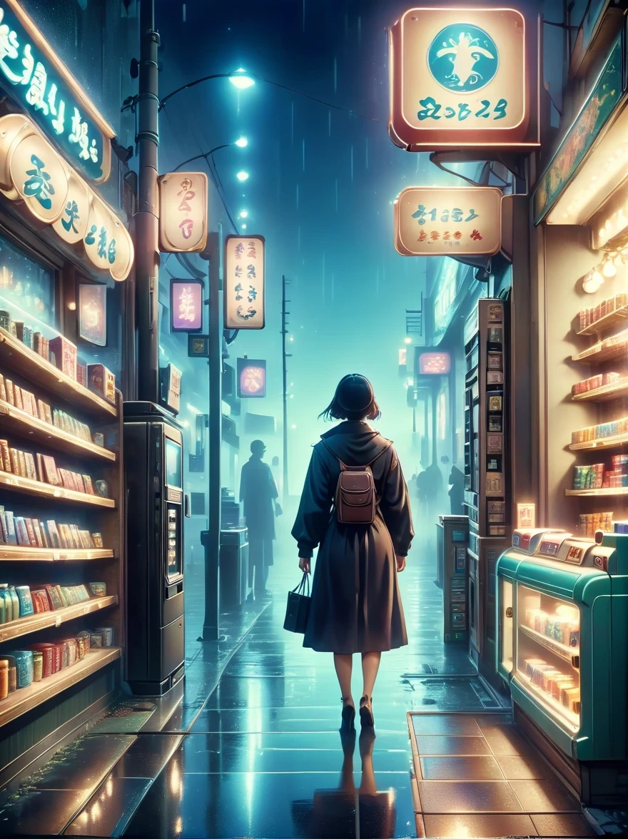 （best quality，4K，8K，high resolution，masterpiece：1.2），Super detailed，（Reality，lifelike，Photorealism：1.37），dark night，，Midnight convenience store，hazy atmosphere，Retro storefront，Shadows and silhouettes，Abandoned Carts，Damp walls，Glowing vending machine，Empty cash register，Empty shelves，Hidden secrets，Waiting in silence，Cigarette smoke，Moonlit sky，dark，mystery，Midnight convenience store，empty streets，Dim neon lights，figure，Creepy atmosphere，Rain-soaked streets，flashing lights，Hazy air，Distant traffic sounds，，Silent footsteps，Eerily silence，Blurry reflection，The feeling of anticipation，Cinematic composition，film noir style，Gloomy colors，Dramatic light and shadow effects，supernatural being