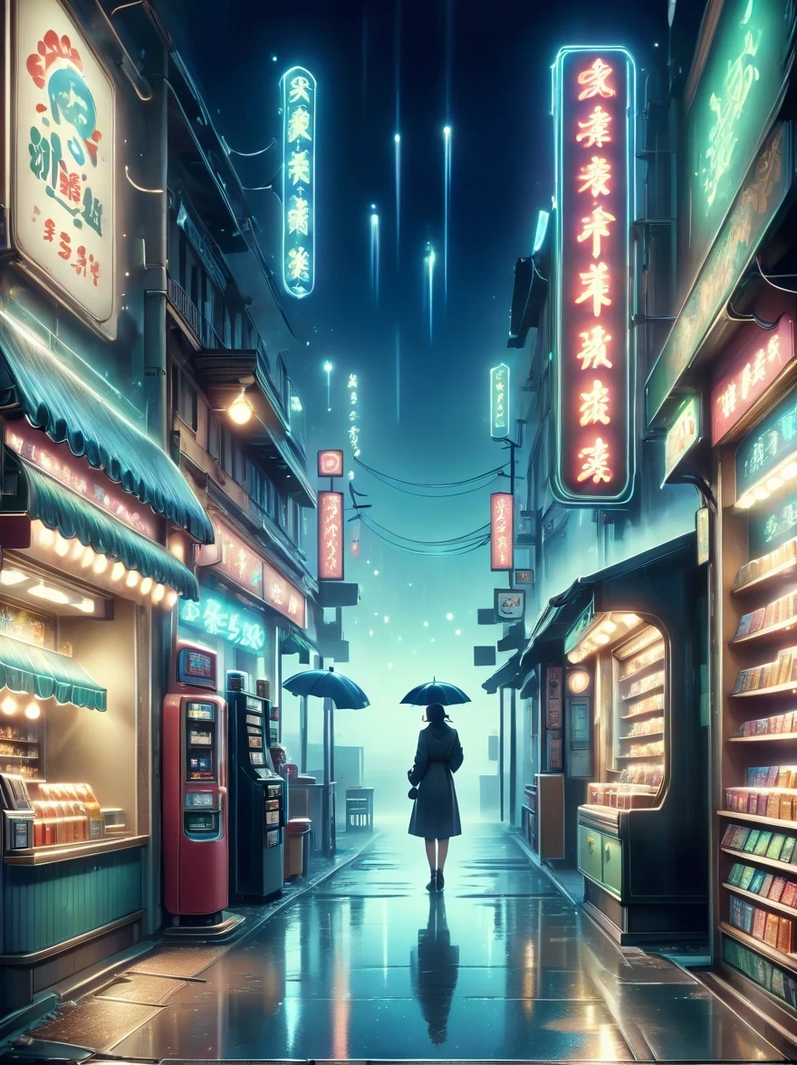 （best quality，4K，8K，high resolution，masterpiece：1.2），Super detailed，（Reality，lifelike，Photorealism：1.37），dark night，，Midnight convenience store，hazy atmosphere，Retro storefront，Shadows and silhouettes，Abandoned Carts，Damp walls，Glowing vending machine，Empty cash register，Empty shelves，Hidden secrets，Waiting in silence，Cigarette smoke，Moonlit sky，dark，mystery，Midnight convenience store，empty streets，Dim neon lights，figure，Creepy atmosphere，Rain-soaked streets，flashing lights，Hazy air，Distant traffic sounds，，Silent footsteps，Eerily silence，Blurry reflection，The feeling of anticipation，Cinematic composition，film noir style，Gloomy colors，Dramatic light and shadow effects，supernatural being