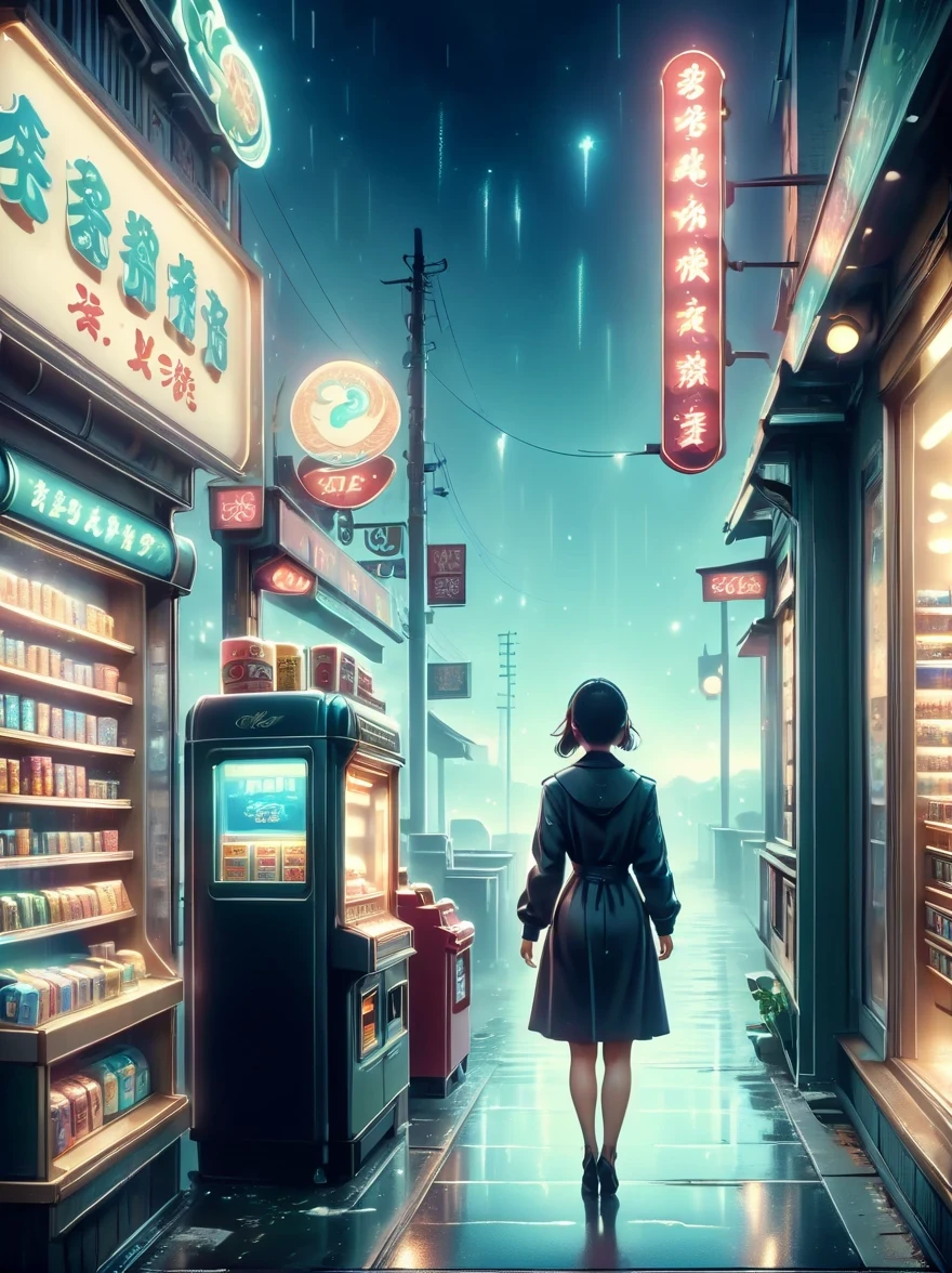 （best quality，4K，8K，high resolution，masterpiece：1.2），Super detailed，（Reality，lifelike，Photorealism：1.37），dark night，，Midnight convenience store，hazy atmosphere，Retro storefront，Shadows and silhouettes，Abandoned Carts，Damp walls，Glowing vending machine，Empty cash register，Empty shelves，Hidden secrets，Waiting in silence，Cigarette smoke，Moonlit sky，dark，mystery，Midnight convenience store，empty streets，Dim neon lights，figure，Creepy atmosphere，Rain-soaked streets，flashing lights，Hazy air，Distant traffic sounds，，Silent footsteps，Eerily silence，Blurry reflection，The feeling of anticipation，Cinematic composition，film noir style，Gloomy colors，Dramatic light and shadow effects，supernatural being