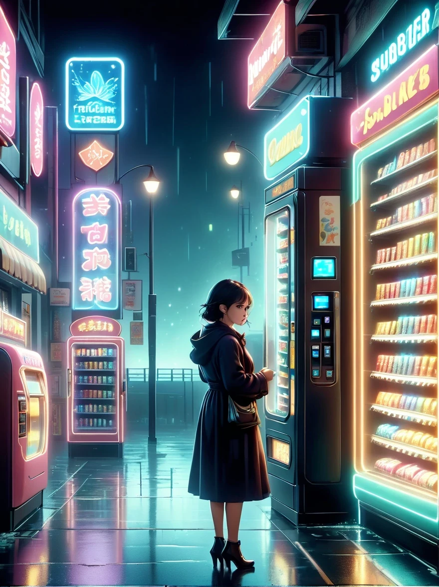 (best quality,4k,8k,highres,masterpiece:1.2),ultra-detailed,(realistic,photorealistic,photo-realistic:1.37),dark, mysterious, midnight convenience store, empty street, dimly lit neon signs, solitary figures, haunting atmosphere, rain-slicked pavement, flickering lights, misty air, distant traffic sounds, abandoned shopping carts, damp walls, glowing vending machines, empty cashier counter, deserted shelves, hidden secrets, silent footsteps, chilling silence, blurred reflections, a sense of anticipation, cinematic composition, film noir style, somber color palette, dramatic play of shadows, supernatural presence