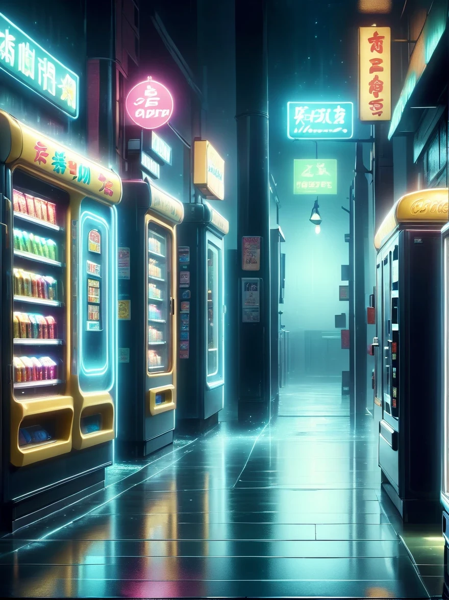 (best quality,4k,8k,highres,masterpiece:1.2),ultra-detailed,(realistic,photorealistic,photo-realistic:1.37),dark, mysterious, midnight convenience store, empty street, dimly lit neon signs, solitary figures, haunting atmosphere, rain-slicked pavement, flickering lights, misty air, distant traffic sounds, abandoned shopping carts, damp walls, glowing vending machines, empty cashier counter, deserted shelves, hidden secrets, silent footsteps, chilling silence, blurred reflections, a sense of anticipation, cinematic composition, film noir style, somber color palette, dramatic play of shadows, supernatural presence