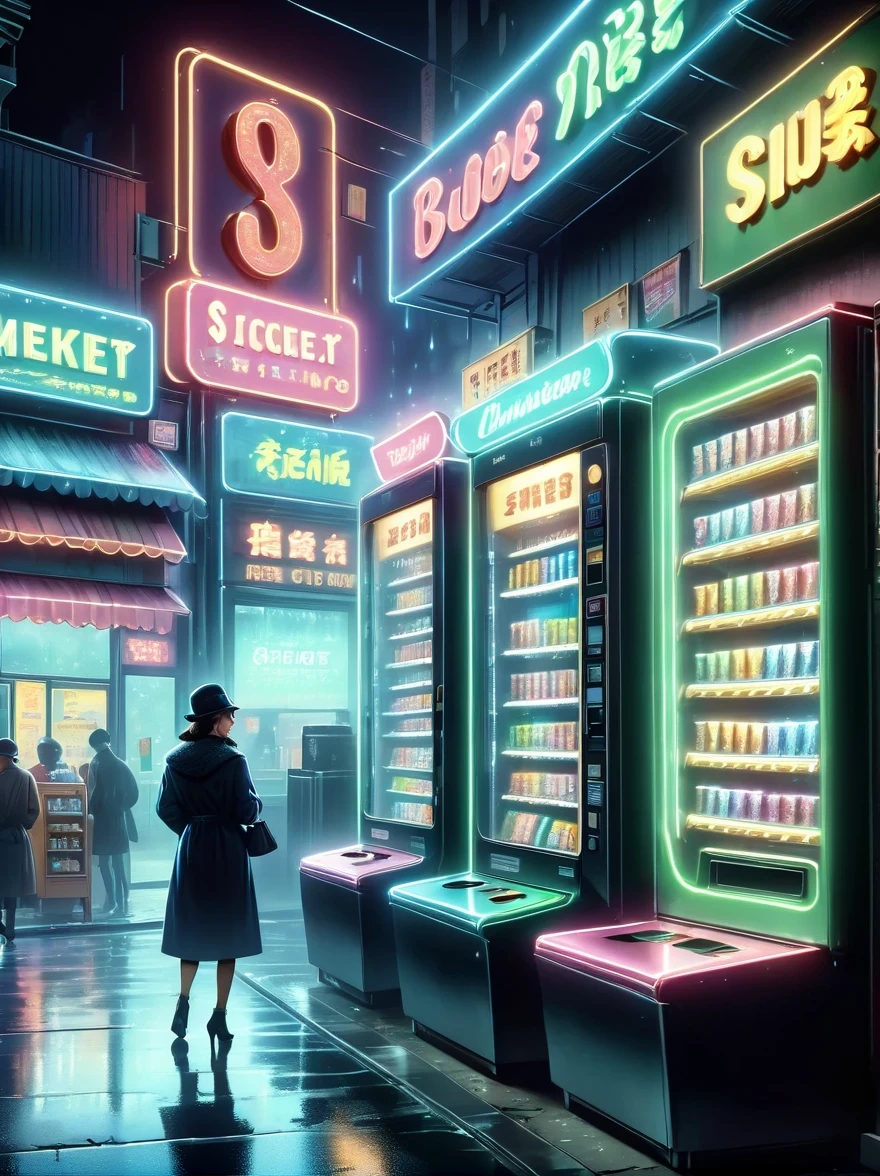 (best quality,4k,8k,highres,masterpiece:1.2),ultra-detailed,(realistic,photorealistic,photo-realistic:1.37),dark, mysterious, midnight convenience store, empty street, dimly lit neon signs, solitary figures, haunting atmosphere, rain-slicked pavement, flickering lights, misty air, distant traffic sounds, abandoned shopping carts, damp walls, glowing vending machines, empty cashier counter, deserted shelves, hidden secrets, silent footsteps, chilling silence, blurred reflections, a sense of anticipation, cinematic composition, film noir style, somber color palette, dramatic play of shadows, supernatural presence