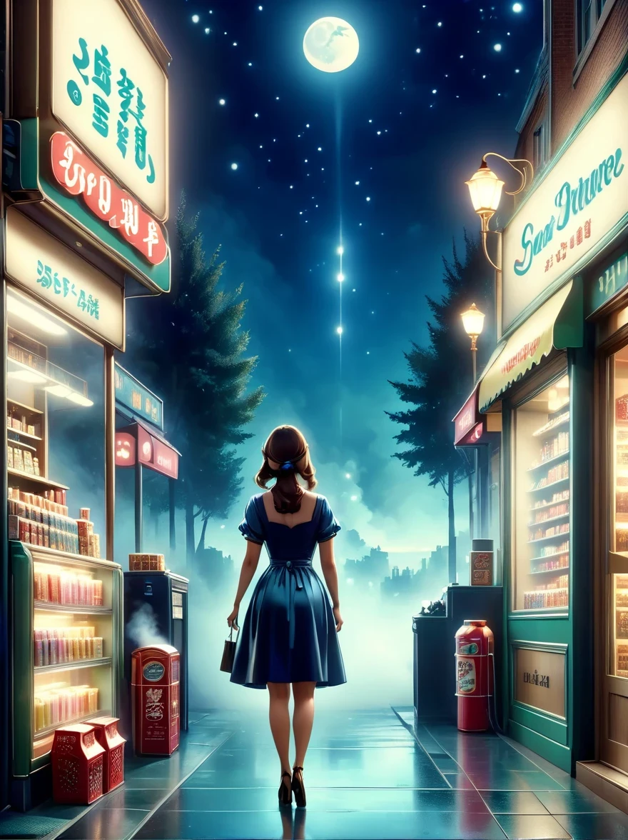 （best picture quality，4K，8K，high resolution，masterpiece：1.2），Super detailed，（lifelike，super lifelike，lifelike：1.37），dark night，，Midnight convenience store，hazy atmosphere，Retro storefront，Shadows and silhouettes，Waiting in silence，Cigarette smoke，Moonlit sky，