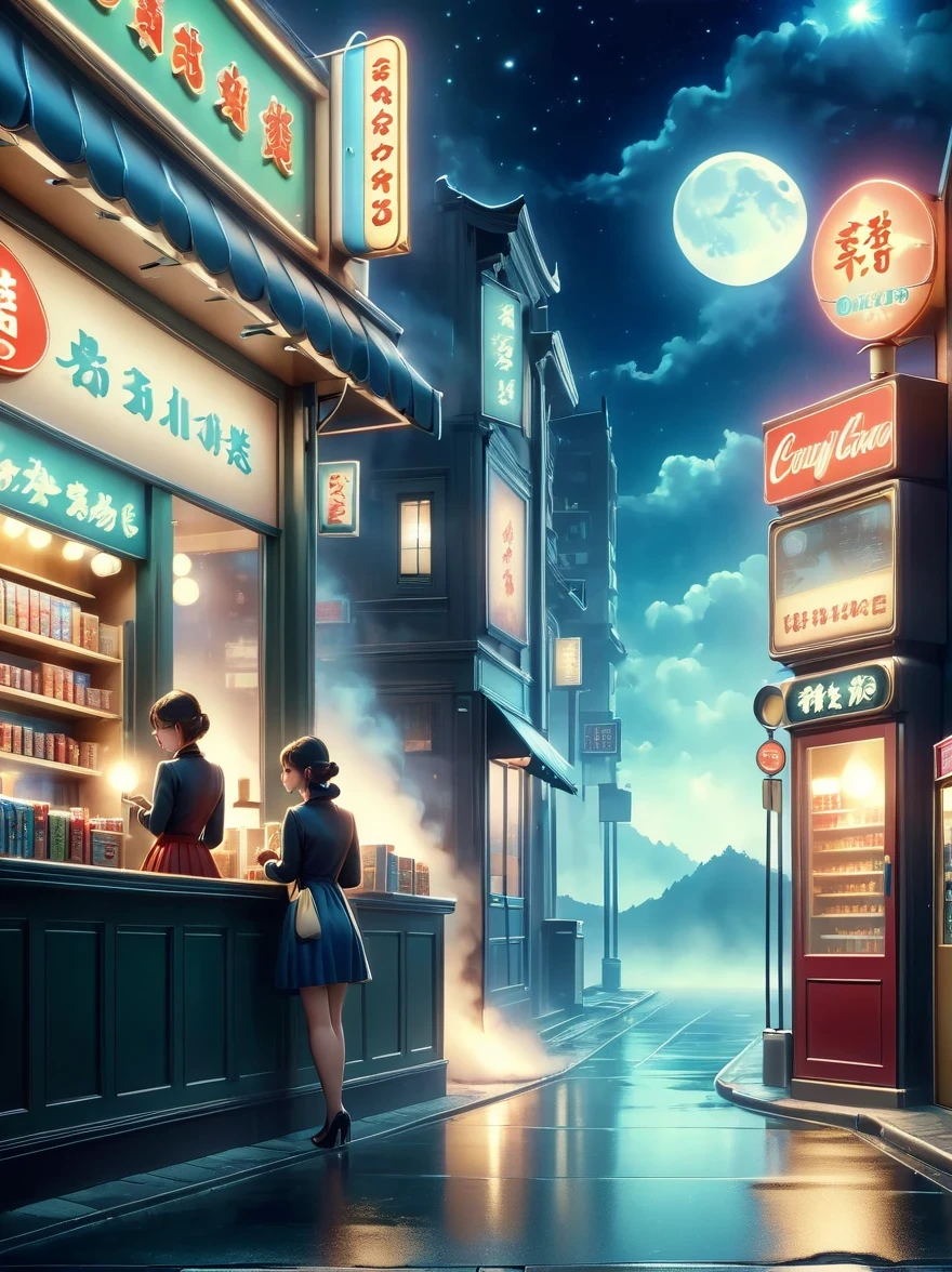 （best picture quality，4K，8K，high resolution，masterpiece：1.2），Super detailed，（lifelike，super lifelike，lifelike：1.37），dark night，，Midnight convenience store，hazy atmosphere，Retro storefront，Shadows and silhouettes，Waiting in silence，Cigarette smoke，Moonlit sky，