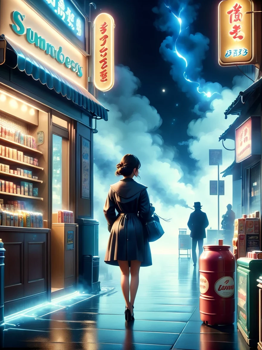 （best picture quality，4K，8K，high resolution，masterpiece：1.2），Super detailed，（lifelike，super lifelike，lifelike：1.37），dark night，，Midnight convenience store，hazy atmosphere，Retro storefront，Shadows and silhouettes，Waiting in silence，Cigarette smoke，Moonlit sky，