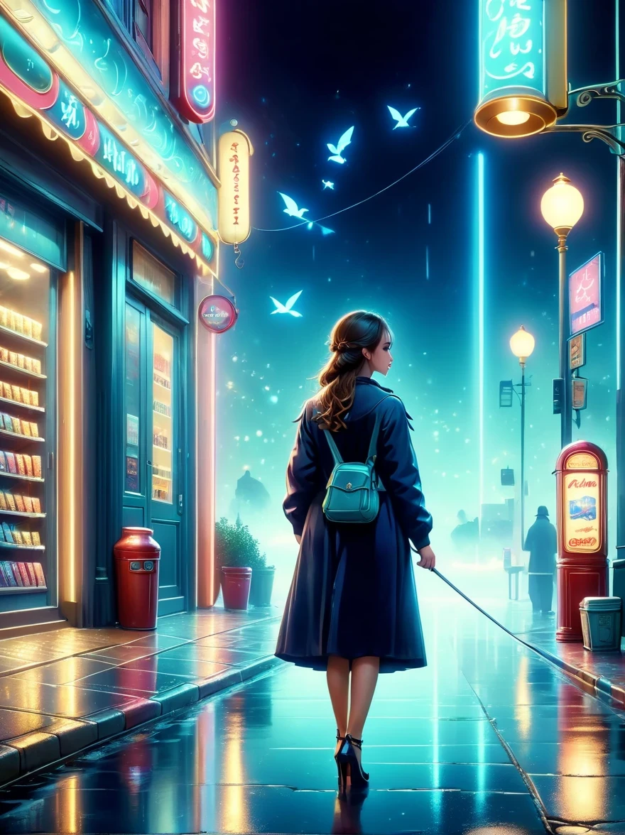 (best quality,4k,8k,highres,masterpiece:1.2),ultra-detailed,(realistic,photorealistic,photo-realistic:1.37),dark night,loneliness,midnight convenience store,neon lights,flickering lights,hazy atmosphere,vintage storefront,quiet streets,cobblestone pavement,shadows and silhouettes,distant passing car's headlights,mysterious figures,waiting in silence,cigarette smoke lingering,moonlit sky,streets illuminated by street lamps,reflection of neon lights on wet pavement