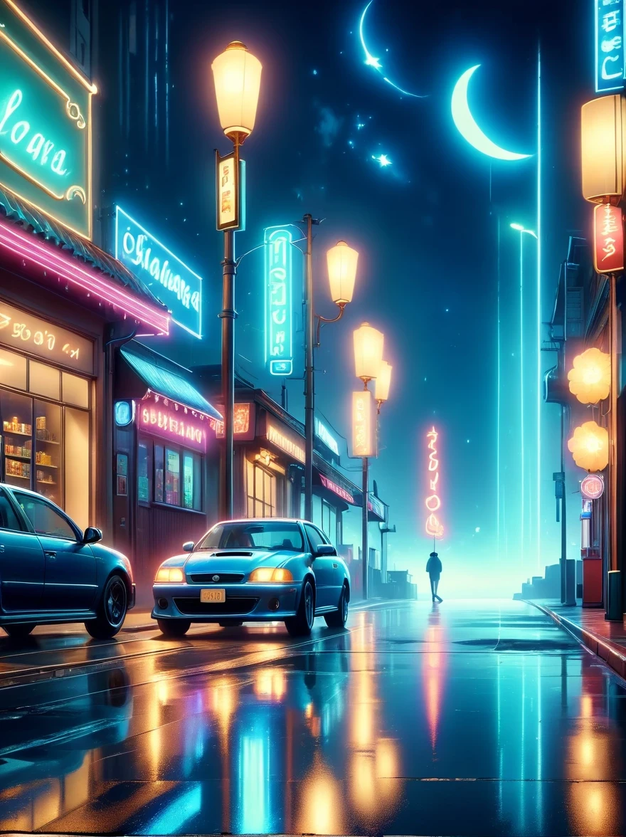 (best quality,4k,8k,highres,masterpiece:1.2),ultra-detailed,(realistic,photorealistic,photo-realistic:1.37),dark night,loneliness,midnight convenience store,neon lights,flickering lights,hazy atmosphere,vintage storefront,quiet streets,cobblestone pavement,shadows and silhouettes,distant passing car's headlights,mysterious figures,waiting in silence,cigarette smoke lingering,moonlit sky,streets illuminated by street lamps,reflection of neon lights on wet pavement