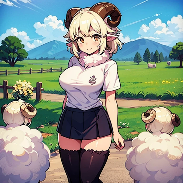 Sheep girl, t-shirt, skirt, sheep horns, sheep ears, anime, t-shirt, fluffy collar, farm