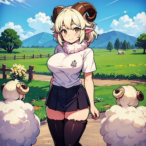 sheep girl, t-shirt, skirt, sheep horns, sheep ears, anime, t-shirt, fluffy collar, farm