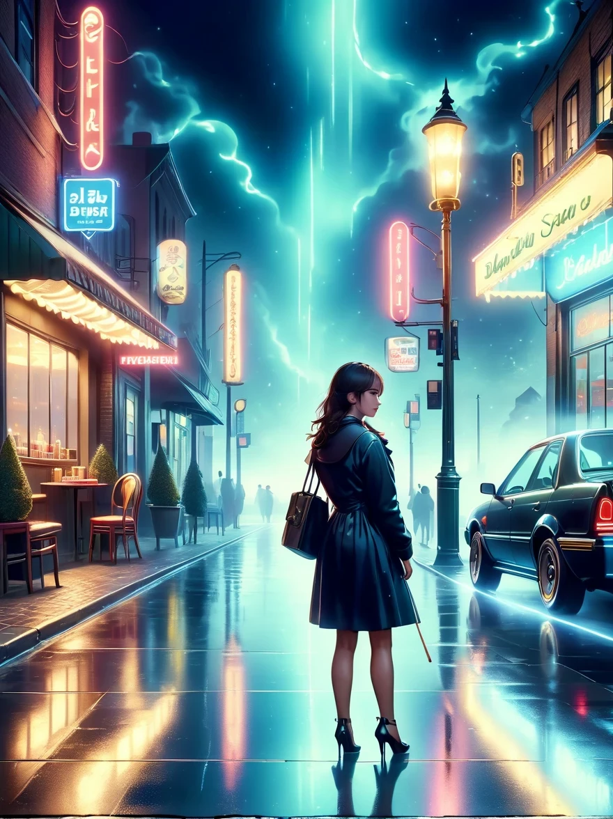 (best quality,4k,8k,highres,masterpiece:1.2),ultra-detailed,(realistic,photorealistic,photo-realistic:1.37),dark night,loneliness,midnight convenience store,neon lights,flickering lights,hazy atmosphere,vintage storefront,quiet streets,cobblestone pavement,shadows and silhouettes,distant passing car's headlights,mysterious figures,waiting in silence,cigarette smoke lingering,moonlit sky,streets illuminated by street lamps,reflection of neon lights on wet pavement