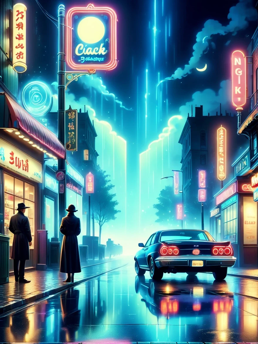 (best quality,4k,8k,highres,masterpiece:1.2),ultra-detailed,(realistic,photorealistic,photo-realistic:1.37),dark night,loneliness,midnight convenience store,neon lights,flickering lights,hazy atmosphere,vintage storefront,quiet streets,cobblestone pavement,shadows and silhouettes,distant passing car's headlights,mysterious figures,waiting in silence,cigarette smoke lingering,moonlit sky,streets illuminated by street lamps,reflection of neon lights on wet pavement