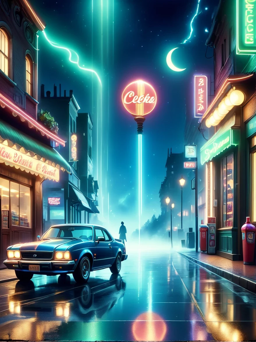 (best quality,4k,8k,highres,masterpiece:1.2),ultra-detailed,(realistic,photorealistic,photo-realistic:1.37),dark night,loneliness,midnight convenience store,neon lights,flickering lights,hazy atmosphere,vintage storefront,quiet streets,cobblestone pavement,shadows and silhouettes,distant passing car's headlights,mysterious figures,waiting in silence,cigarette smoke lingering,moonlit sky,streets illuminated by street lamps,reflection of neon lights on wet pavement